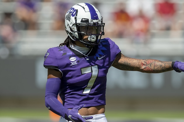 TCU safety Trevon Moehrig (7) defends during an NCAA football game against Iowa State on Saturday, Sept. 26, 2020 in Fort Worth, Texas. Iowa won 37-34. (AP Photo/Brandon Wade)