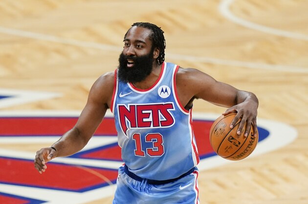 Brooklyn Nets' James Harden (13) during the first half of an NBA basketball game against the Houston Rockets Wednesday, March 31, 2021, in New York. (AP Photo/Frank Franklin II)