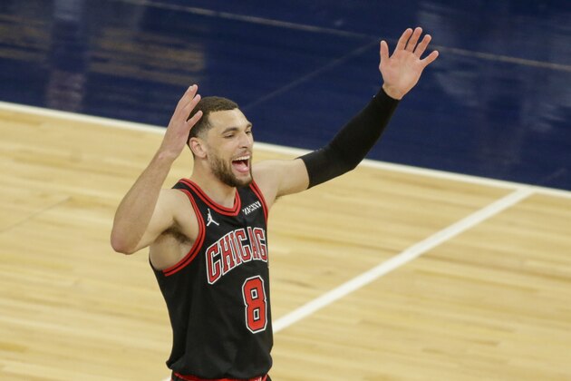 Chicago Bulls guard Zach LaVine plays against the Minnesota Timberwolves during an NBA basketball game, Sunday, April 11, 2021, in Minneapolis. (AP Photo/Andy Clayton-King)