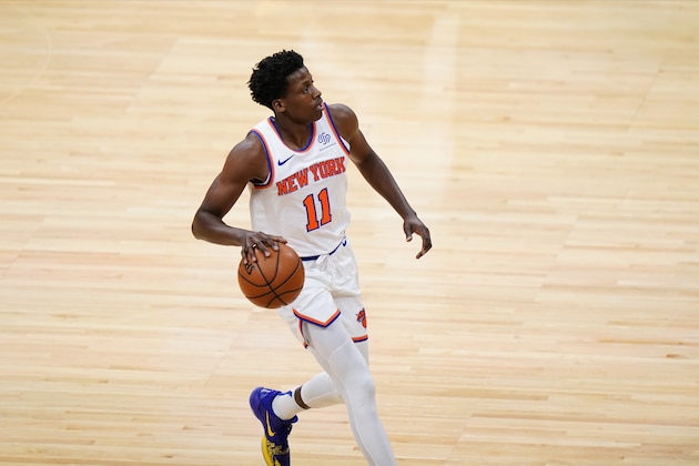 New York Knicks' Frank Ntilikina plays during an NBA basketball game against the Philadelphia 76ers, Tuesday, March 16, 2021, in Philadelphia. (AP Photo/Matt Slocum)