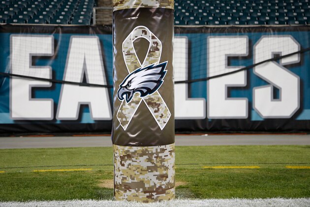 A Salute to Service logo is seen at Lincoln Financial Field before an NFL football game between the Philadelphia Eagles and the Carolina Panthers, Monday, Nov. 10, 2014, in Philadelphia. (AP Photo/Matt Rourke)