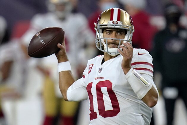 San Francisco 49ers quarterback Jimmy Garoppolo drops back to pass against the New England Patriots in the second half of an NFL football game, Sunday, Oct. 25, 2020, in Foxborough, Mass. (AP Photo/Charles Krupa)