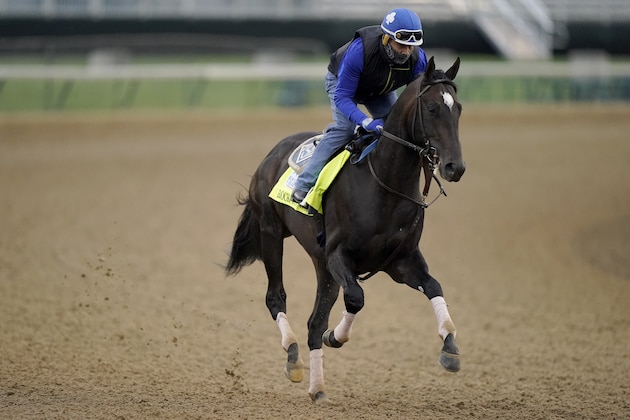 Kentucky Derby entrant Rock Your World works out Churchill Downs Wednesday, April 28, 2021, in Louisville, Ky. The 147th running of the Kentucky Derby is scheduled for Saturday, May 1. (AP Photo/Charlie Riedel)