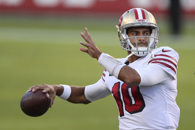 San Francisco 49ers quarterback Jimmy Garoppolo warms up before an NFL football game against the Los Angeles Rams in Santa Clara, Calif., Sunday, Oct. 18, 2020. (AP Photo/Jed Jacobsohn)