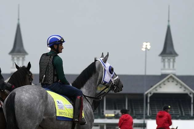 Kentucky Derby entrant Essential Quality waits to work out at Churchill Downs Thursday, April 29, 2021, in Louisville, Ky. The 147th running of the Kentucky Derby is scheduled for Saturday, May 1. (AP Photo/Charlie Riedel)