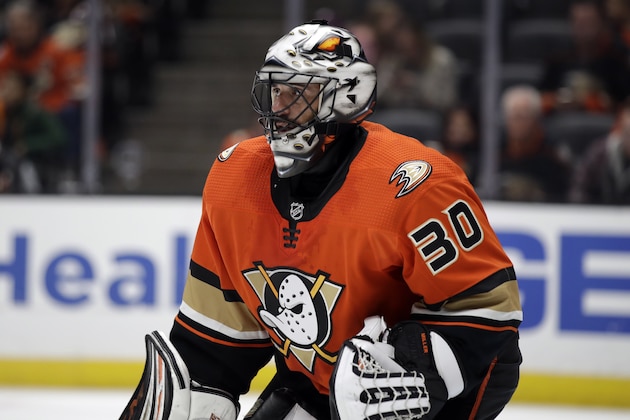 Anaheim Ducks goaltender Ryan Miller (30) in action against the Carolina Hurricanes during the third period of an NHL hockey game Friday, Oct. 18, 2019, in Anaheim, Calif. (AP Photo/Marcio Jose Sanchez)