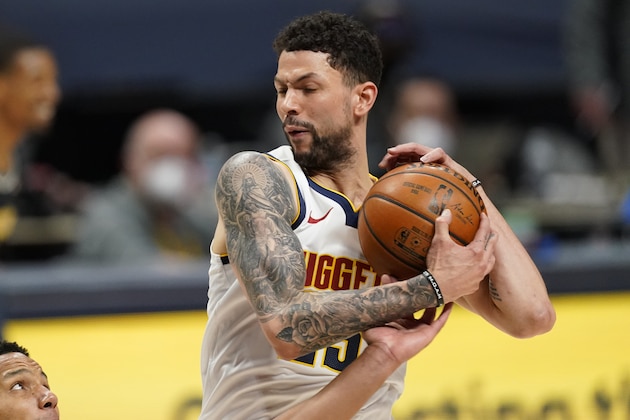 Denver Nuggets guard Austin Rivers (25) in the first half of an NBA basketball game Monday, April 26, 2021, in Denver. (AP Photo/David Zalubowski)