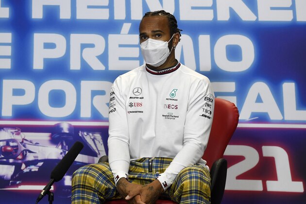 Mercedes driver Lewis Hamilton of Britain during a news conference ahead of the Portugal Formula One Grand Prix at the Algarve International Circuit near Portimao, Portugal, Thursday, April 29, 2021. The Portugal Grand Prix will be held on Sunday. (Gabriel Buoys/Pool via AP)