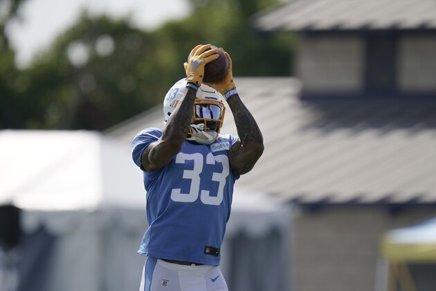 Los Angeles Chargers safety Derwin James makes a catch during an NFL football camp practice, Tuesday, Aug. 18, 2020, in Costa Mesa, Calif. (AP Photo/Jae C. Hong)
