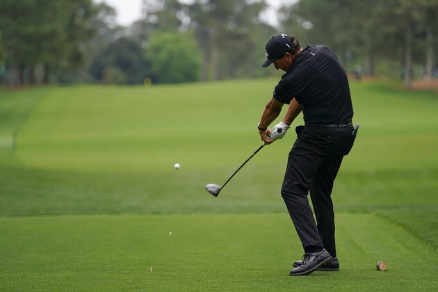 Phil Mickelson tees off on the 17th hole during the second round of the Masters golf tournament on Friday, April 9, 2021, in Augusta, Ga. (AP Photo/Matt Slocum)