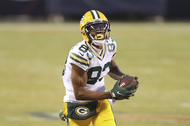 Green Bay Packers wide receiver Marquez Valdes-Scantling (83) in action during the first half of an NFL football game against the Chicago Bears, Sunday, Jan. 3, 2021, in Chicago. (AP Photo/Kamil Krzaczynski)