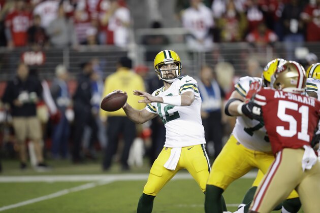 Green Bay Packers quarterback Aaron Rodgers (12) passes against the San Francisco 49ers during the first half of an NFL football game in Santa Clara, Calif., Sunday, Nov. 24, 2019. (AP Photo/Ben Margot)