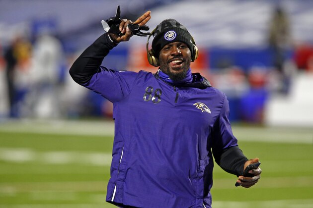 Baltimore Ravens wide receiver Dez Bryant warms up before an NFL divisional round football game against the Buffalo Bills Saturday, Jan. 16, 2021, in Orchard Park, N.Y. (AP Photo/John Munson)