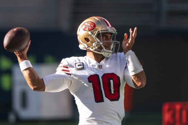 San Francisco 49ers quarterback Jimmy Garoppolo looks to pass during warmups before an NFL football game against the Seattle Seahawks, Sunday, Nov. 1, 2020, in Seattle. The Seahawks won 37-27. (AP Photo/Stephen Brashear)