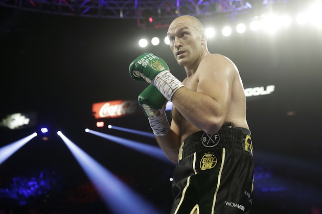 Tyson Fury, of England, fights Deontay Wilder, not pictured, during a WBC heavyweight championship boxing match Saturday, Feb. 22, 2020, in Las Vegas. (AP Photo/Isaac Brekken)
