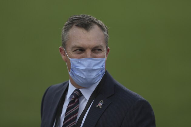 San Francisco 49ers general manager John Lynch before an NFL football game against the Green Bay Packers in Santa Clara, Calif., Thursday, Nov. 5, 2020. (AP Photo/Jed Jacobsohn)