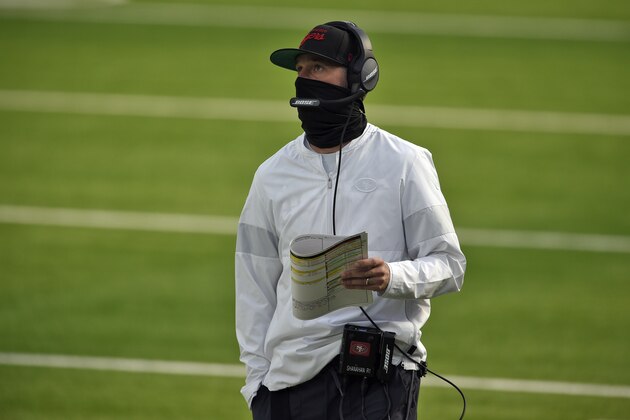 San Francisco 49ers head coach Kyle Shanahan walks the sidelines during the first half of an NFL football game against the Los Angeles Rams Sunday, Nov. 29, 2020, in Inglewood, Calif. (AP Photo/Kelvin Kuo)