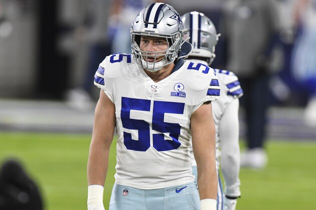Dallas Cowboys outside linebacker Leighton Vander Esch (55) looks on before an NFL football game against the Baltimore Ravens, Tuesday, Dec. 8, 2020, in Baltimore. (AP Photo/Terrance Williams)