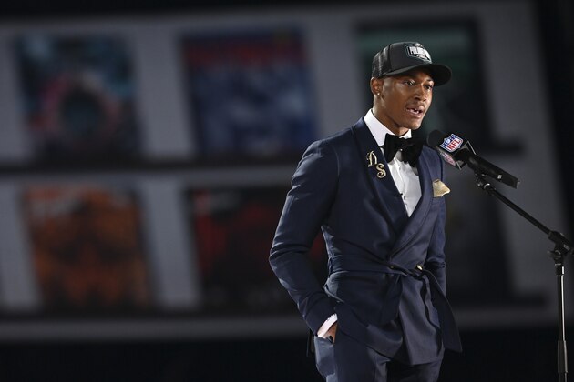 Alabama wide receiver DeVonta Smith speaks after he was chosen by the Philadelphia Eagles with the 10th pick in the first round of the NFL football draft Thursday April 29, 2021, in Cleveland. (AP Photo/David Dermer)