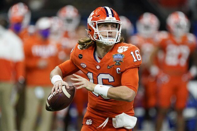 Clemson quarterback Trevor Lawrence passes against Ohio State during the first half of the Sugar Bowl NCAA college football game Friday, Jan. 1, 2021, in New Orleans. (AP Photo/John Bazemore)