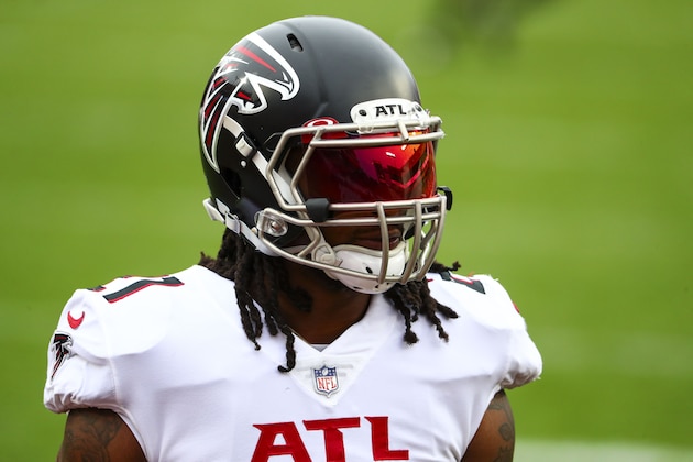 Atlanta Falcons running back Todd Gurley (21) looks on prior to an NFL football game against the Tampa Bay Buccaneers, Sunday, Jan. 3, 2021, in Tampa, Fla. (AP Photo/Kevin Sabitus)