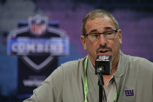 FILE - In this Tuesday, Feb. 25, 2020 file photo, New York Giants senior vice president & general manager Dave Gettleman speaks during a press conference at the NFL football scouting combine in Indianapolis. While he didn't come close to filling all the New York Giants' needs in free agency,  general manager Dave Gettleman has put the struggling franchise in position to pick into the strength of the draft.(AP Photo/Michael Conroy, File)