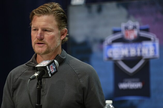 FILE - In this Feb. 25, 2020, file photo, Los Angeles Rams general manager Les Snead speaks during a news conference at the NFL football scouting combine in Indianapolis. The Rams haven't made a first-round draft selection since picking Jared Goff back in 2016. They don't have a first-round pick in the upcoming draft, and they don't have a first-rounder next season, either. Even Snead acknowledges that his strategy of abandoning the top of the draft for a half-decade makes it slightly more difficult to patch the holes that constantly pop up on any NFL team's roster. (AP Photo/Michael Conroy, File)
