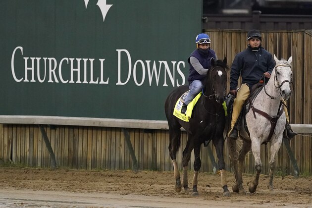 Kentucky Derby entrant Rock Your World works out at Churchill Downs Thursday, April 29, 2021, in Louisville, Ky. The 147th running of the Kentucky Derby is scheduled for Saturday, May 1. (AP Photo/Charlie Riedel)