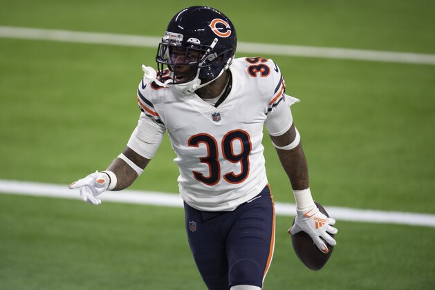 Chicago Bears safety Eddie Jackson (39) celebrates his touchdown on a fumble recovery during an NFL football game against the Los Angeles Rams Monday, Oct. 26, 2020, in Inglewood, Calif. (AP Photo/Kyusung Gong)