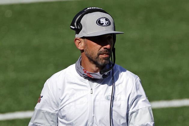 San Francisco 49ers head coach Kyle Shanahan looks on against the New York Jets during an NFL football game, Sunday, Sept. 20, 2020, in East Rutherford, N.J. (AP Photo/Adam Hunger)