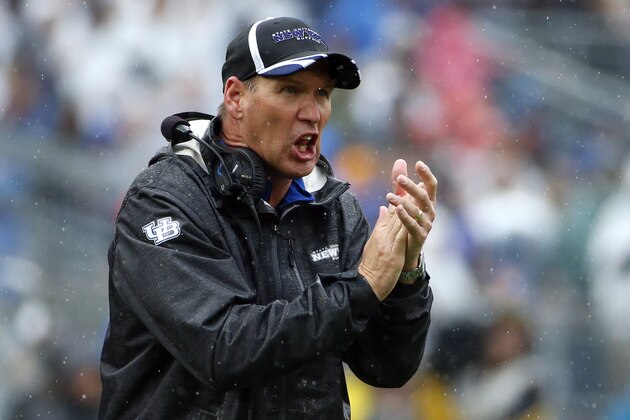 Buffalo head coach Lance Leipold works the sidelines during the second half of an NCAA college football game against Penn State  in State College, Pa, Saturday, Sept. 12, 2015. (AP Photo/Gene J. Puskar)
