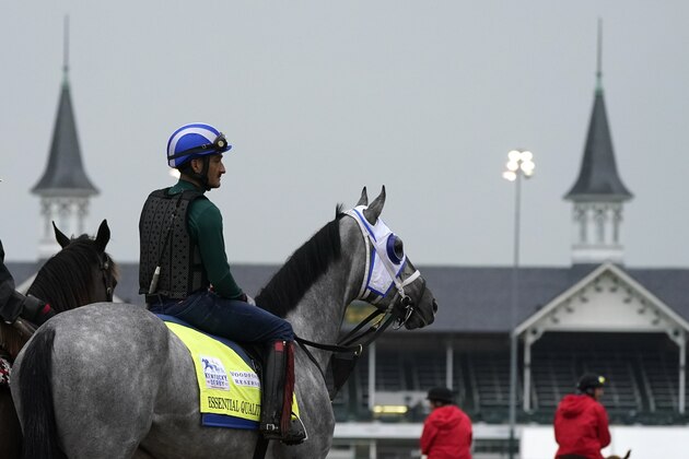 Kentucky Derby entrant Essential Quality waits to work out at Churchill Downs Thursday, April 29, 2021, in Louisville, Ky. The 147th running of the Kentucky Derby is scheduled for Saturday, May 1. (AP Photo/Charlie Riedel)