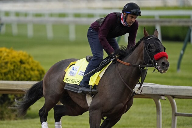 Kentucky Derby entrant Hot Rod Charlie works out at Churchill Downs Wednesday, April 28, 2021, in Louisville, Ky. (AP Photo/Charlie Riedel)