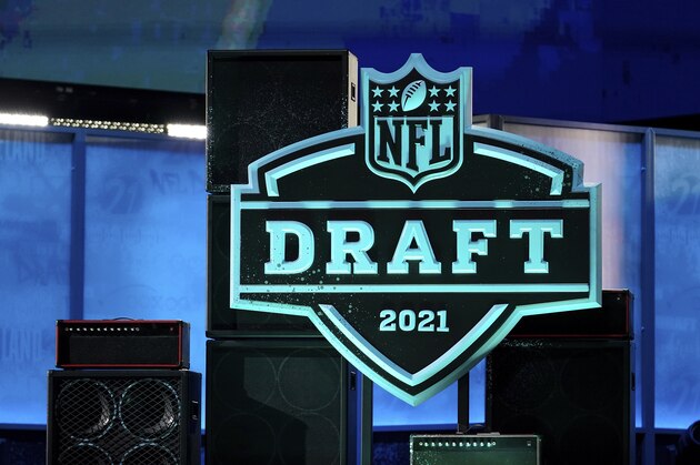 A general view of the 2021 NFL Draft logo during the first round of the NFL football draft, Thursday, April 29, 2021, in Cleveland. (AP Photo/Steve Luciano)