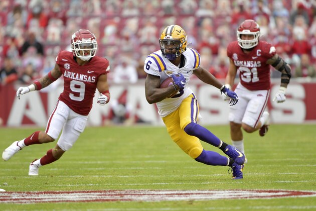 LSU receiver Terrace Marshall Jr. (6) against Arkansas during an NCAA college football game Saturday, Nov. 21, 2020, in Fayetteville, Ark. (AP Photo/Michael Woods)