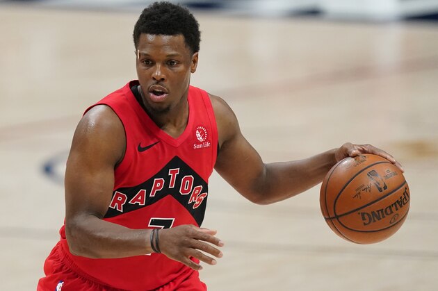 Toronto Raptors guard Kyle Lowry (7) in the second half of an NBA basketball game Thursday, April 29, 2021, in Denver. (AP Photo/David Zalubowski)