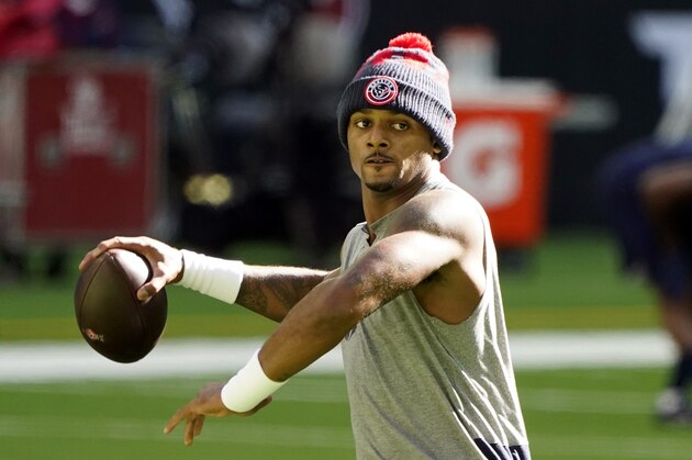 Houston Texans quarterback Deshaun Watson warms up beforean NFL football game against the Tennessee Titans Sunday, Jan. 3, 2021, in Houston. (AP Photo/Eric Christian Smith)