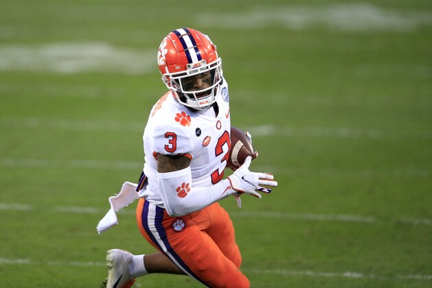 Clemson wide receiver Amari Rodgers (3) runs for a first down during the first half of the Atlantic Coast Conference championship NCAA college football game against Notre Dame, Saturday, Dec. 19, 2020, in Charlotte, N.C. (AP Photo/Brian Blanco)