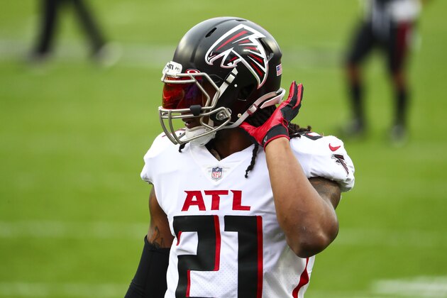 Atlanta Falcons running back Todd Gurley (21) looks on prior to an NFL football game against the Tampa Bay Buccaneers, Sunday, Jan. 3, 2021, in Tampa, Fla. (AP Photo/Kevin Sabitus)