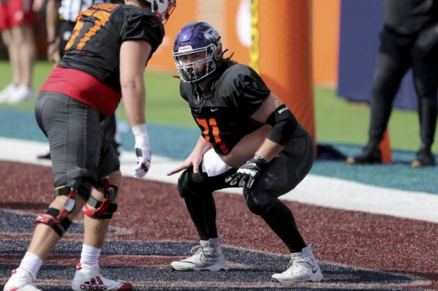 National Team offensive lineman Brenden Jaimes of Nebraska (67)and offensive lineman Quinn Meinerz of Wisconsin–Whitewater (DIII) (71) practice during the National team the NCAA college Senior Bowl in Mobile, Ala., Wednesday, Jan. 27, 2021. (AP Photo/Rusty Costanza)