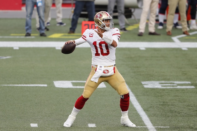 San Francisco 49ers quarterback Jimmy Garoppolo drops back to pass during an NFL football game against the New England Patriots at Gillette Stadium, Sunday, Oct. 25, 2020 in Foxborough, Mass. (Winslow Townson/AP Images for Panini)