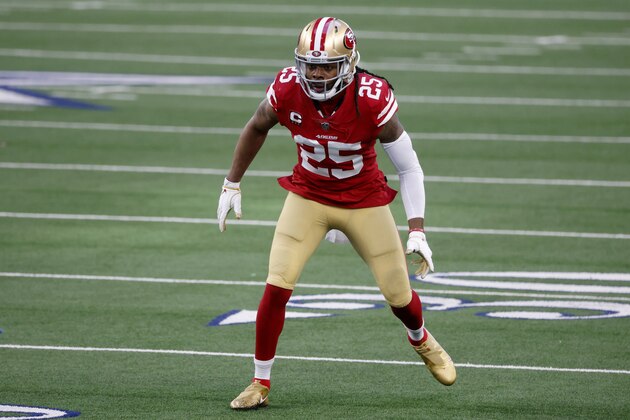 San Francisco 49ers cornerback Richard Sherman (25) defends against the Dallas Cowboys during an NFL football game in Arlington, Texas, Sunday, Dec. 20, 2020. (AP Photo/Michael Ainsworth)