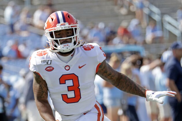 Clemson's Amari Rodgers (3) warms up before an NCAA college football game against North Carolina in Chapel Hill, N.C., Saturday, Sept. 28, 2019. (AP Photo/Chris Seward)