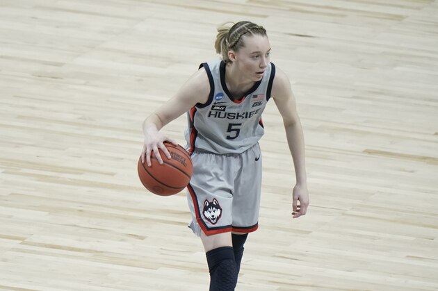 UConn's Paige Bueckers dribbles during the first half of an NCAA college basketball game against Baylor in the Elite Eight round of the Women's NCAA tournament Monday, March 29, 2021, at the Alamodome in San Antonio. (AP Photo/Morry Gash)