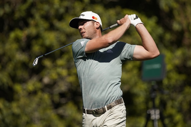 Sam Burns tees off on the fourth hole during the final round of the Genesis Invitational golf tournament at Riviera Country Club, Sunday, Feb. 21, 2021, in the Pacific Palisades area of Los Angeles. (AP Photo/Ryan Kang)