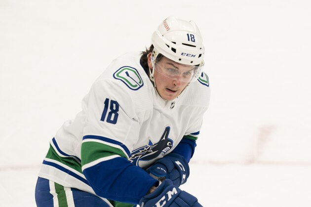 Vancouver Canucks right winger Jake Virtanen(18) during an NHL hockey game, Monday, Feb. 8, 2021, in Toronto, Canada. (AP Photo/Peter Power)