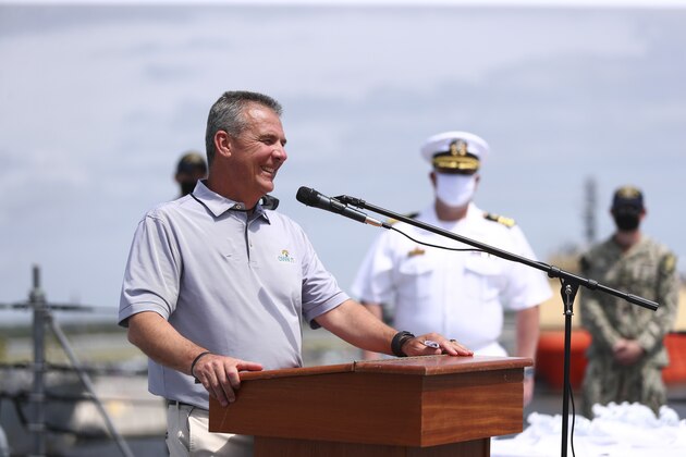 IMAGE DISTRIBUTED FOR JACKSONVILLE JAGUARS - Jacksonville Jaguars Head Coach, Urban Meyer, addresses the assembled sailors to show appreciation for their service on Wednesday, April 28, 2021, aboard the USS Delbert D. Black at Naval Station Mayport, Fla. (Logan Bowles/Jacksonville Jaguars via AP Images)