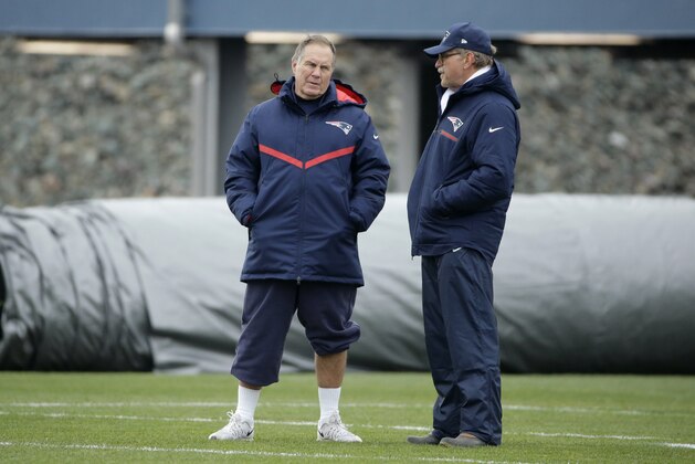 New England Patriots head coach Bill Belichick, left, speaks with football research director Ernie Adams, right, during an NFL football team practice, Wednesday, Dec. 7, 2016, in Foxborough, Mass. (AP Photo/Steven Senne)
