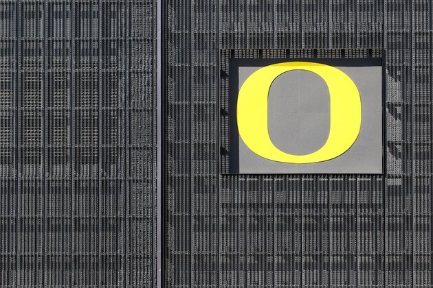 The Oregon logo is seen before an NCAA college football game between Washington State and Oregon Saturday, Oct. 10, 2015, in Eugene, Ore. (AP Photo/Ryan Kang)