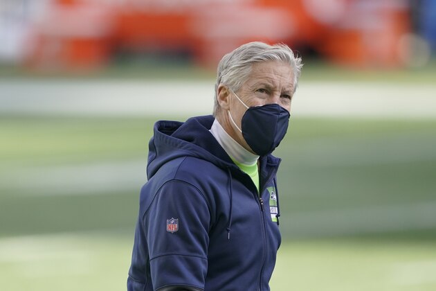 Seattle Seahawks head coach Pete Carroll walks on the field before an NFL wild-card playoff football game, Saturday, Jan. 9, 2021, in Seattle. (AP Photo/Ted S. Warren)